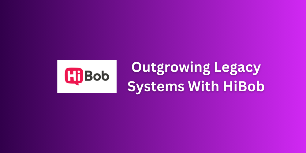 A graphic with a purple gradient background featuring the HiBob logo on the left and the text "Outgrowing Legacy Systems With HiBob" on the right in white.