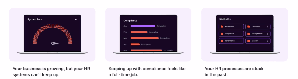 Three laptop screens with HR-related content. The first screen shows a "System Error" with a red gauge, captioned "Your business is growing, but your HR systems can't keep up." The second screen displays a "Compliance" dashboard with months (Jan-May) marked as mostly "Incomplete" in red, captioned "Keeping up with compliance feels like a full-time job." The third screen shows a "Processes" menu with options like Recruitment, Onboarding, Compliance, Performance, and Sensitive, captioned "Your HR processes are stuck in the past."