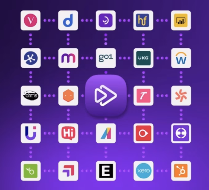 A grid of interconnected app icons on a purple background, featuring various logos for HRIS vendors.